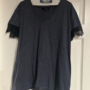 Amaryllis Navy Top with Black Lace Sleeves